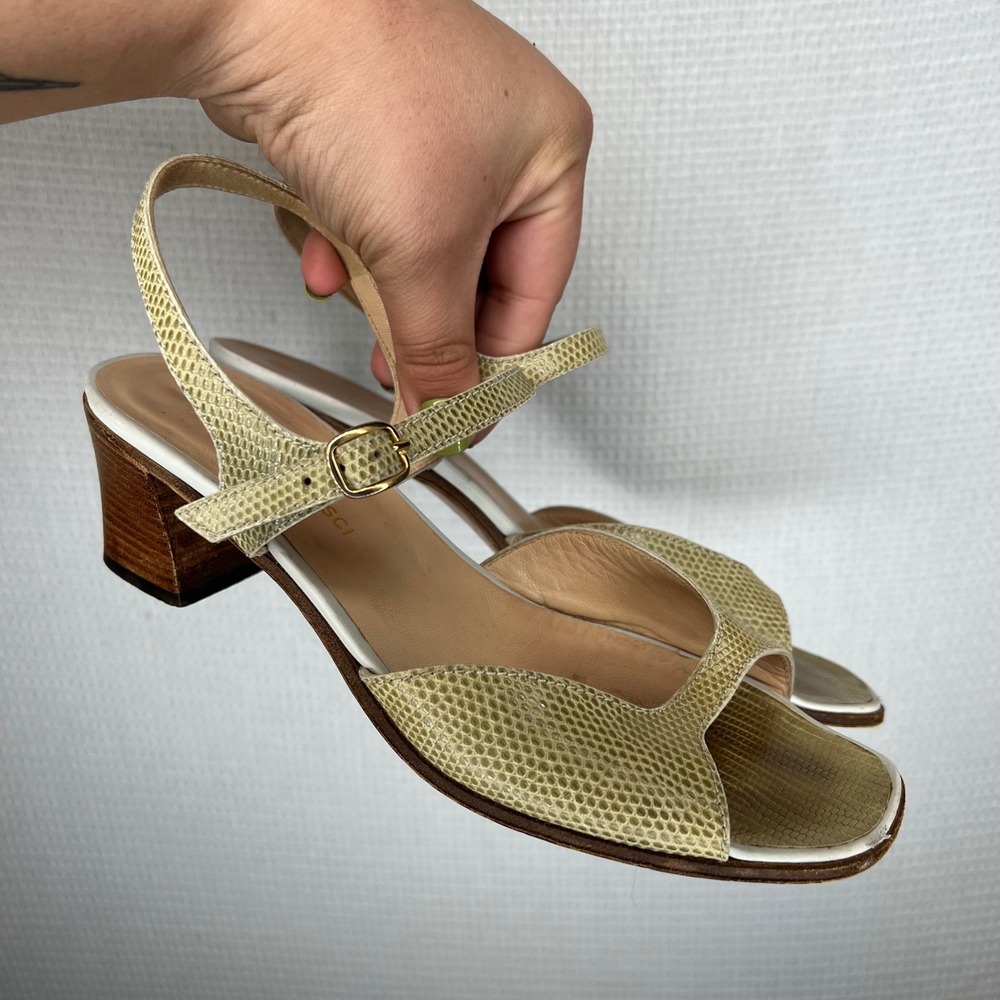 Tanino Crisci Italy Womens Sage Green Snakeskin Embossed Leather Block Heel 37